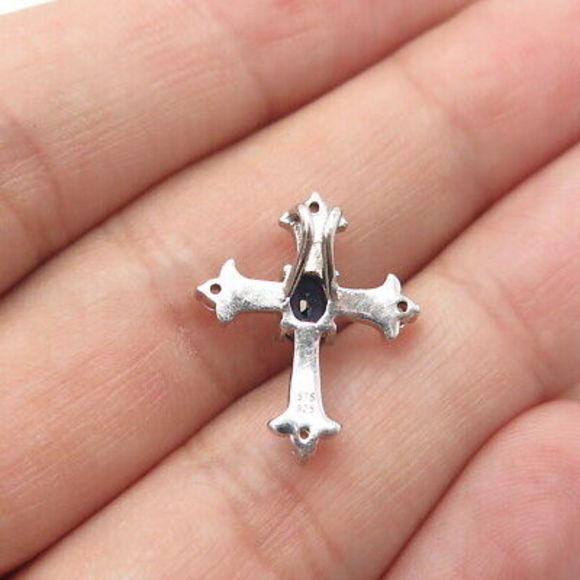 CHUCK CLEMENCY 925 Sterling Silver Real White Topaz & Sapphire Gem Cross… - Picture 2 of 8